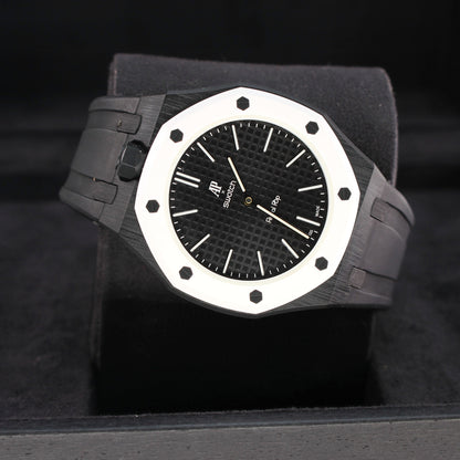 Royal Pop OCHO NEGRO opposite angled view showing black dial, white bezel and black strap with crown on the left
