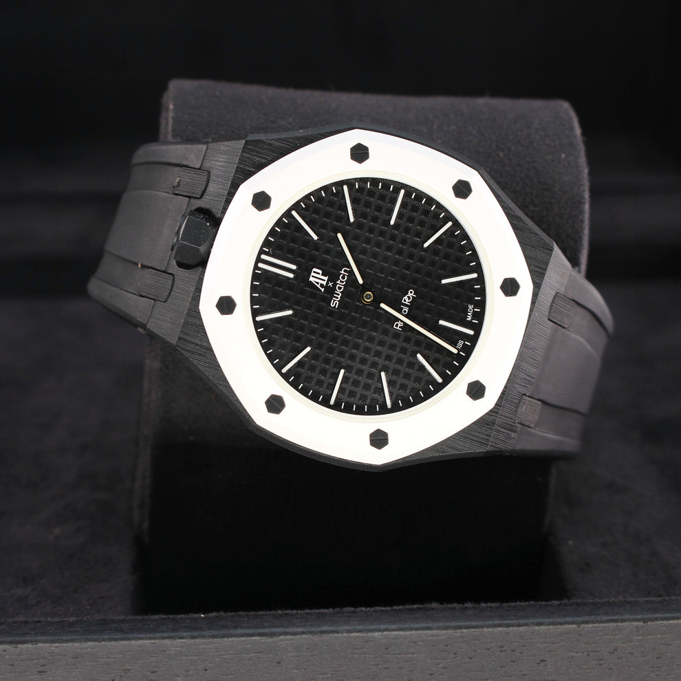 Royal Pop OCHO NEGRO opposite angled view showing black dial, white bezel and black strap with crown on the left