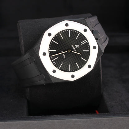 Royal Pop OCHO NEGRO angled dial view showing black strap and crown on the right with white octagonal bezel