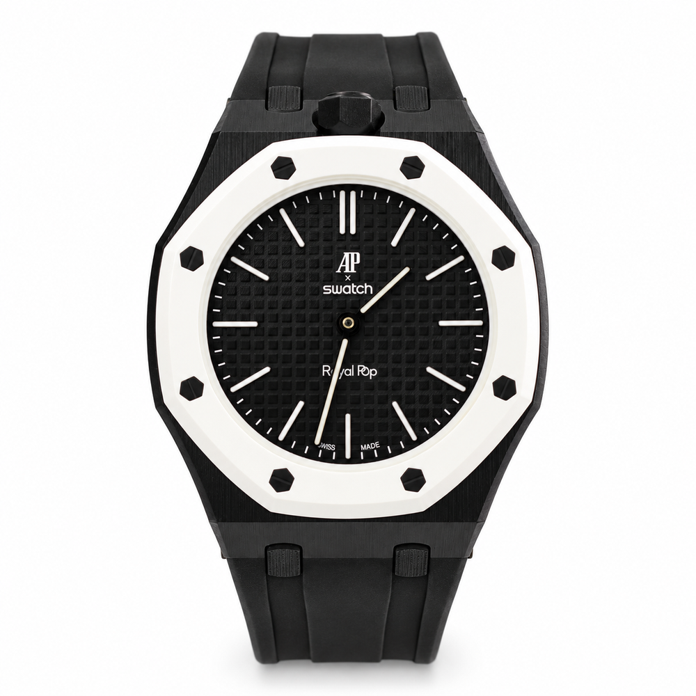 Swatch x AP Royal Pop OCHO NEGRO front view with black strap, textured black dial and white bezel on white background