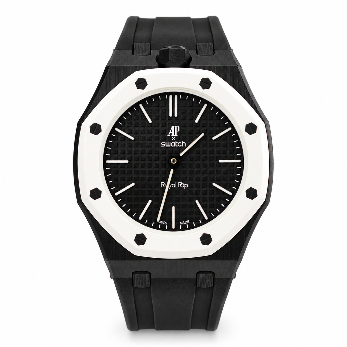 Swatch x AP Royal Pop OCHO NEGRO front view with black strap, textured black dial and white bezel on white background