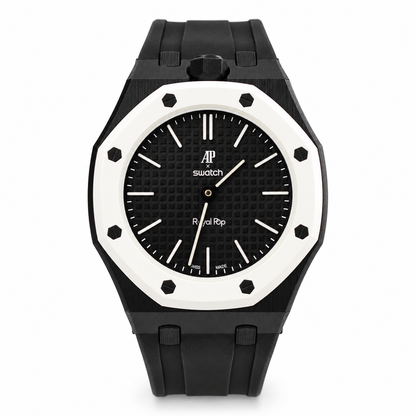 Swatch x AP Royal Pop OCHO NEGRO front view with black strap, textured black dial and white bezel on white background