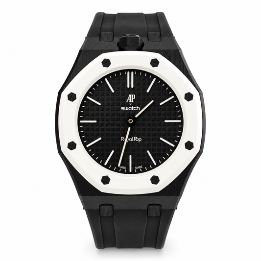 Swatch x AP Royal Pop OCHO NEGRO front view with black strap, textured black dial and white bezel on white background