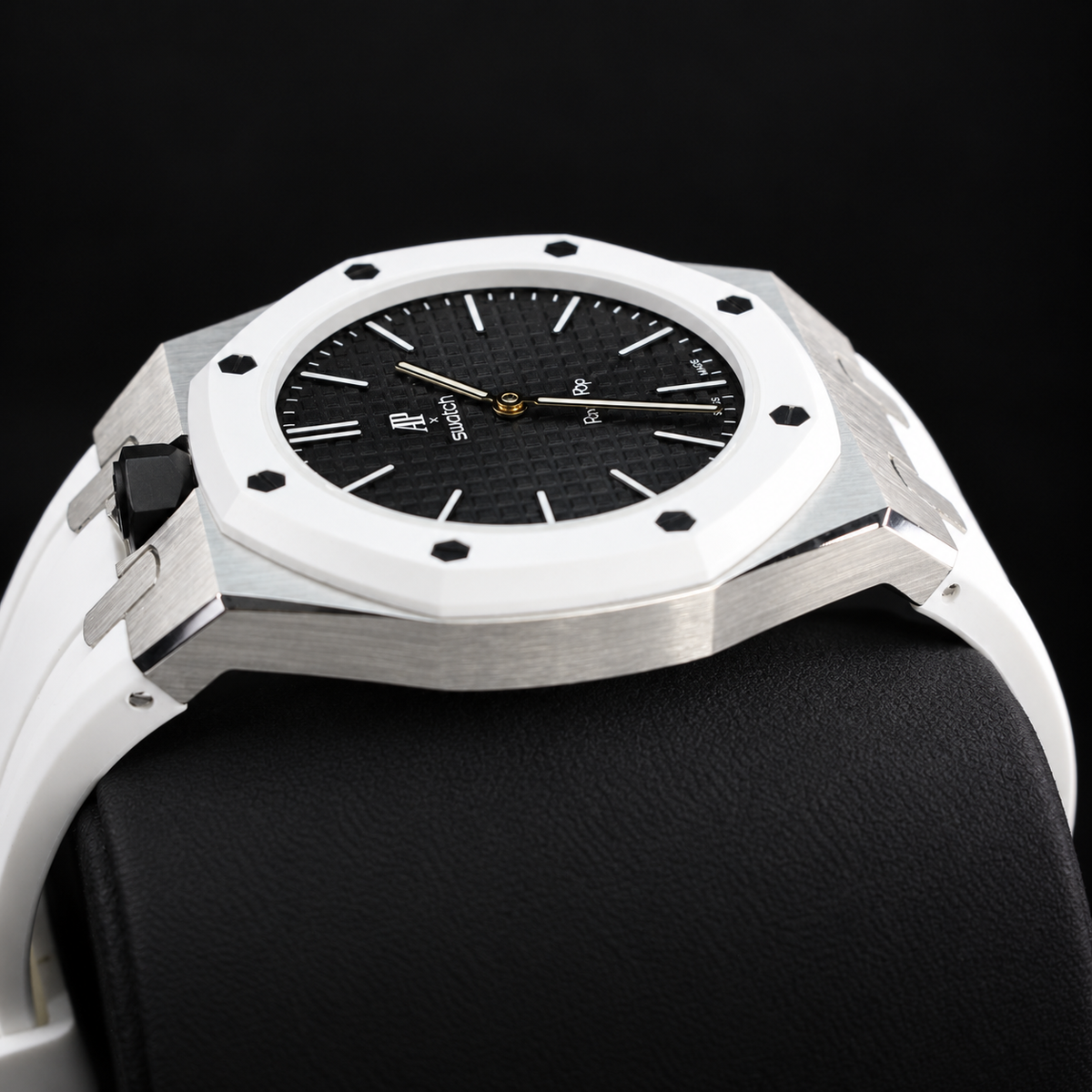 Swatch x AP Royal Pop Ocho Negro SSX03W101N with white bezel and silver conversion case