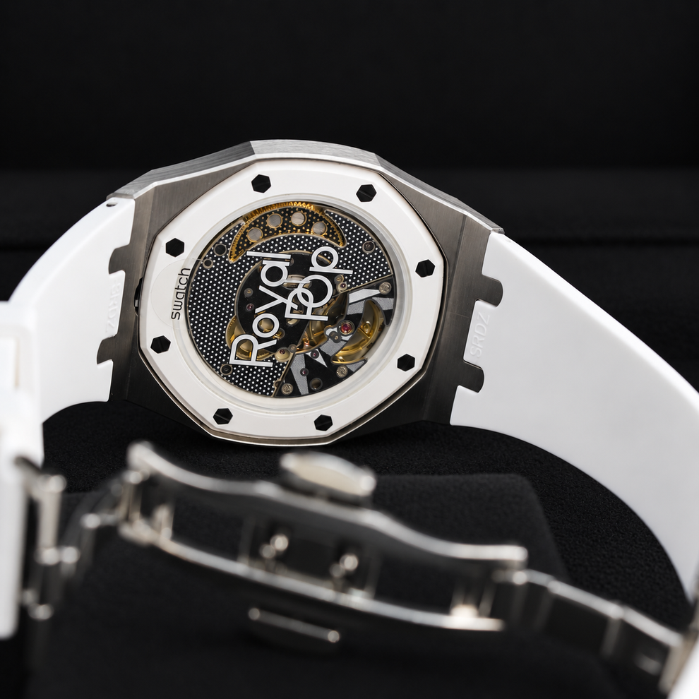 Royal Pop Ocho Negro SSX03W101N in a metal wristwatch conversion with fitted rubber strap