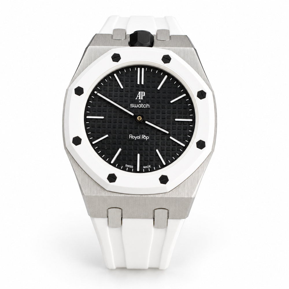 Swatch x Audemars Piguet Royal Pop Ocho Negro SSX03W101N with silver metal case and rubber strap
