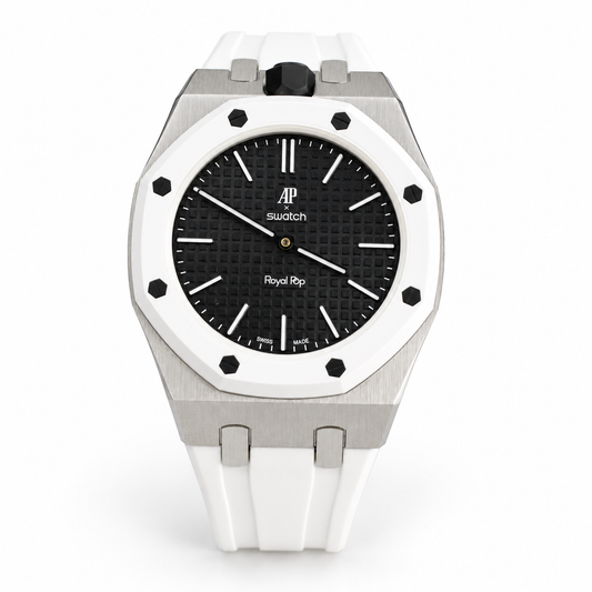 Swatch x Audemars Piguet Royal Pop Ocho Negro SSX03W101N with silver metal case and rubber strap
