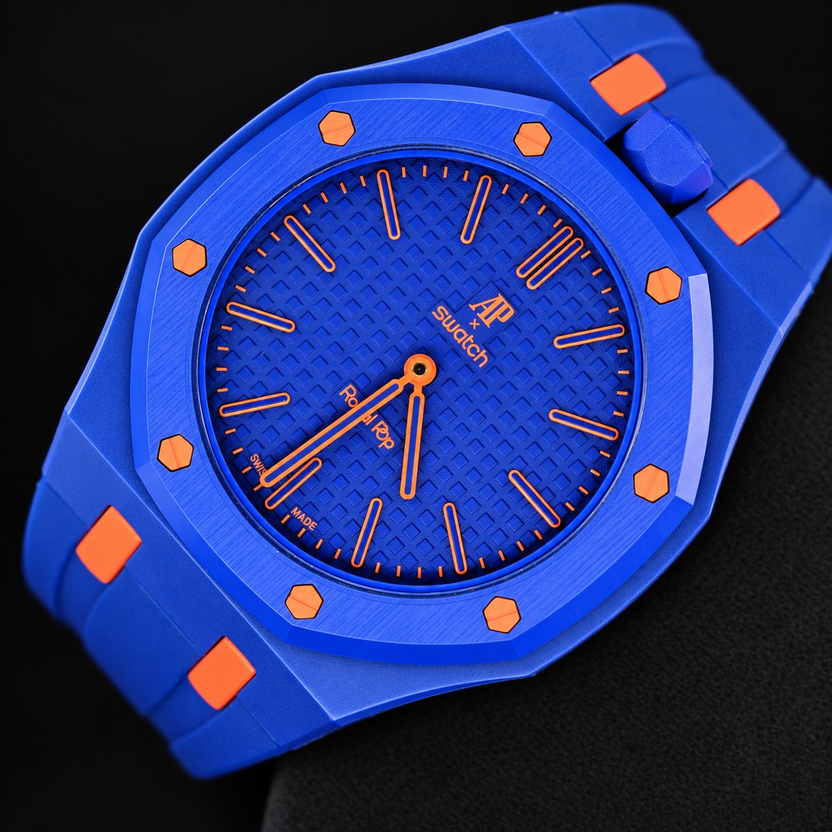 AP Swatch Royal Pop ORENJI HACHI Bio-ceramic Pocket Watch SSX03L103N face view with strap
