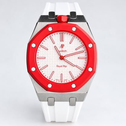 Swatch x Audemars Piguet Royal Pop Otto Rosso SSX03R100N with metal case and white rubber strap