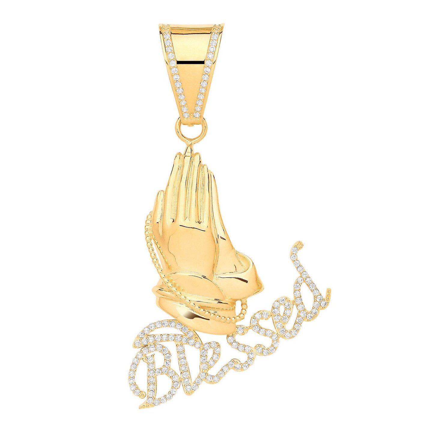 Yellow Gold Blessed, Praying Hands  Cubic Zirconia Pendant