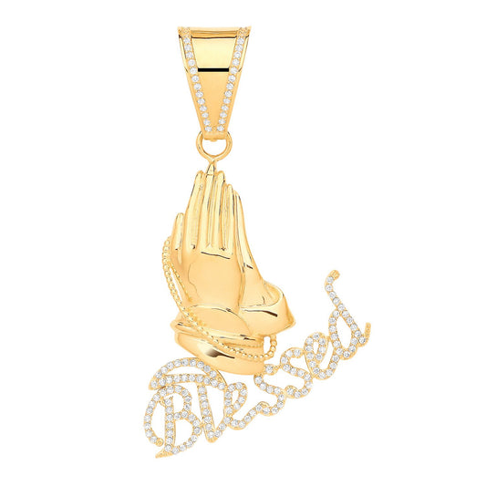 Yellow Gold Blessed, Praying Hands  Cubic Zirconia Pendant