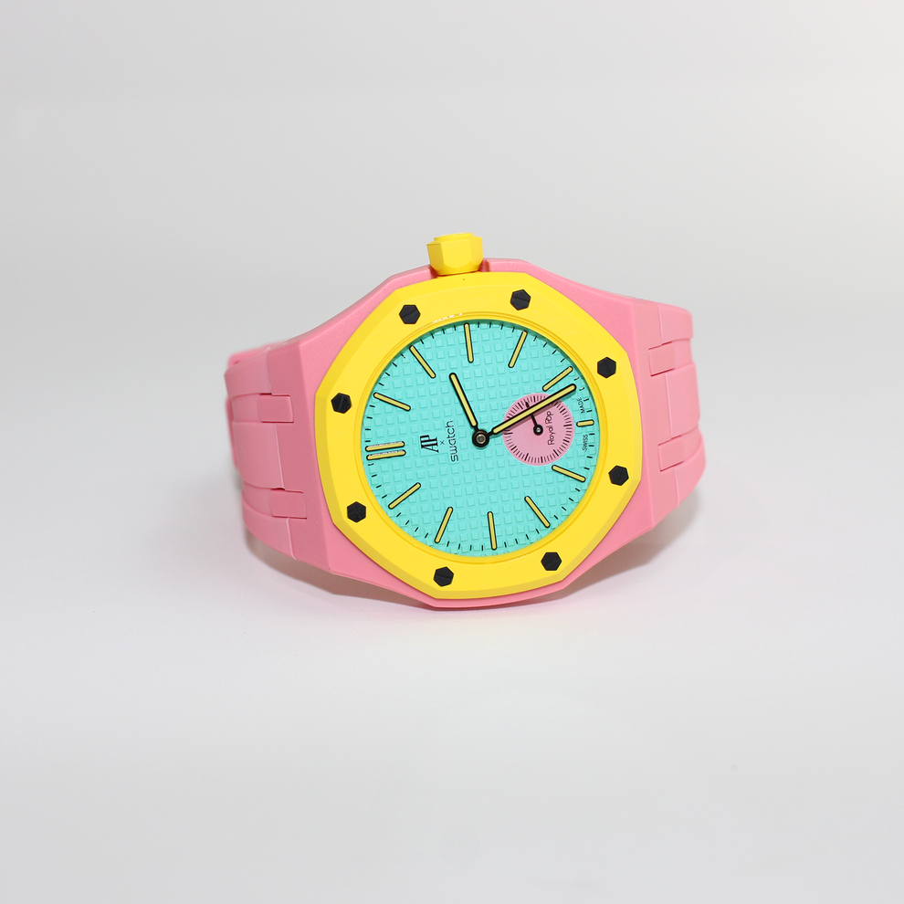 AP Swatch Royal Pop OTG ROZ Bio-Keramik Taschenuhr SSX03J100N Audemars Piguet Kollaboration Neu Ungetragen