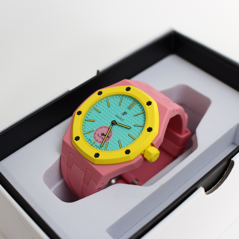 AP Swatch Royal Pop OTG ROZ Bio-Keramik Taschenuhr SSX03J100N Audemars Piguet Kollaboration Neu Ungetragen
