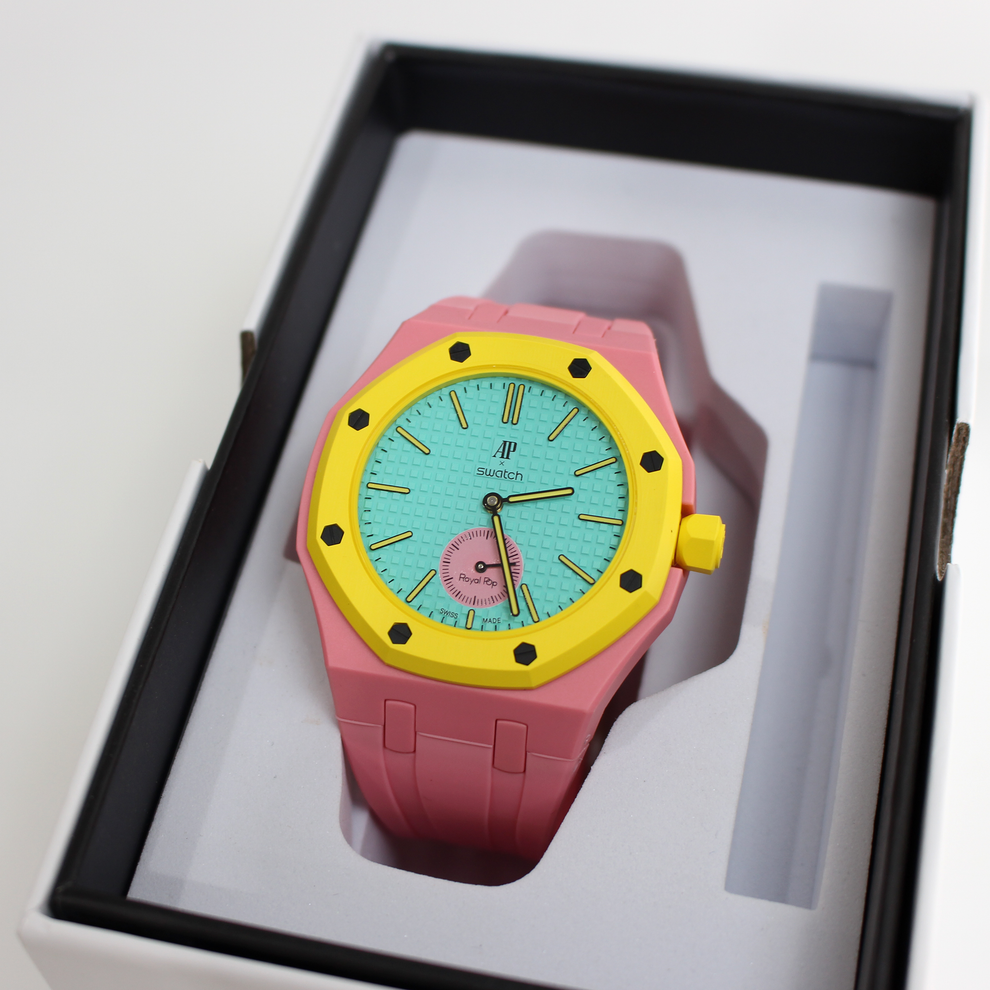 AP Swatch Royal Pop OTG ROZ Bio-Keramik Taschenuhr SSX03J100N Audemars Piguet Kollaboration Neu Ungetragen