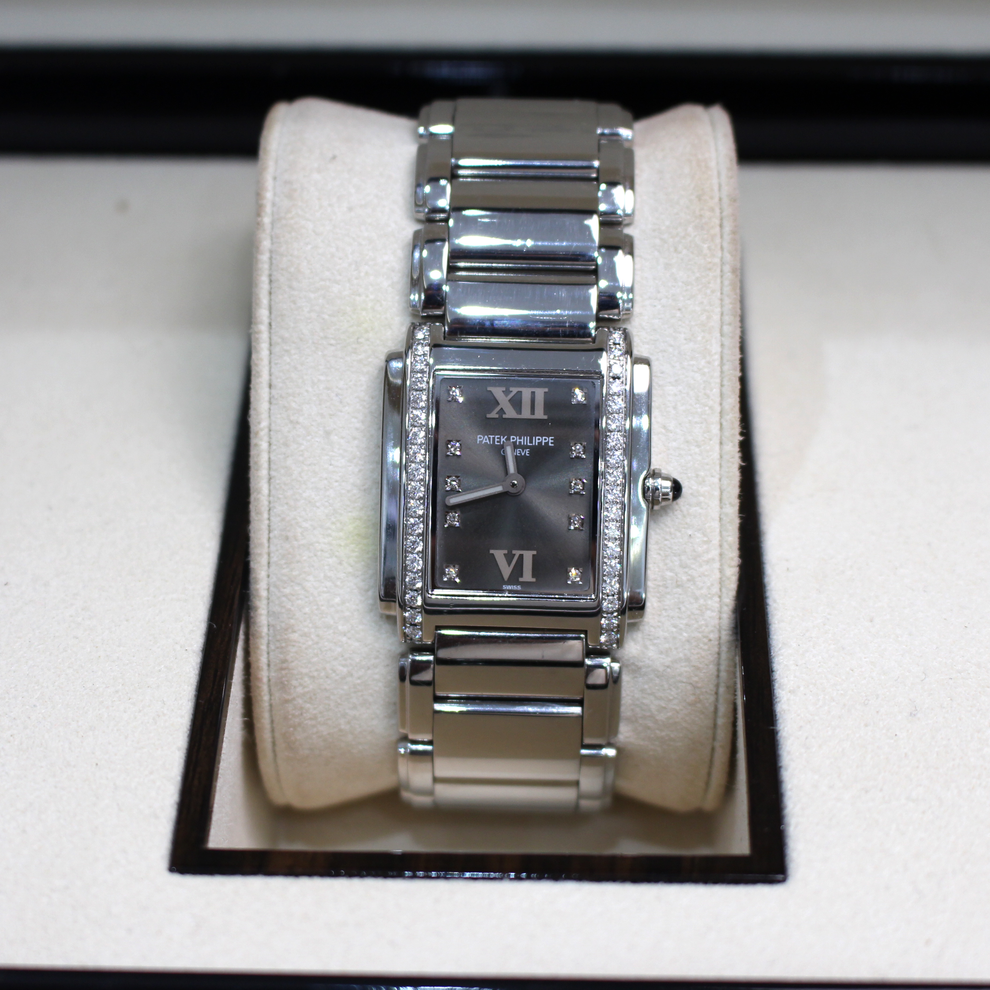 Patek Philippe Twenty-4 4910/10A-010 stainless steel watch with grey diamond dial front view