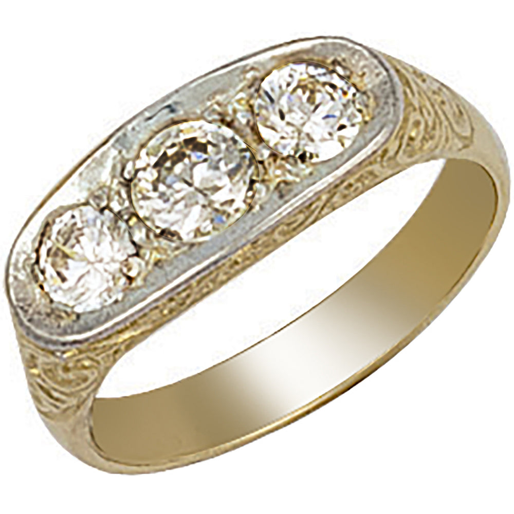 Yellow Gold Gents 3 Stone Cubic Zirconia Ring