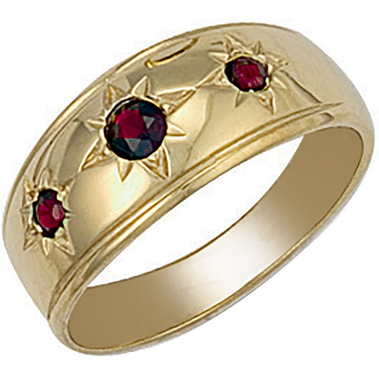 Yellow Gold Gents 3 Stone Garnet Ring