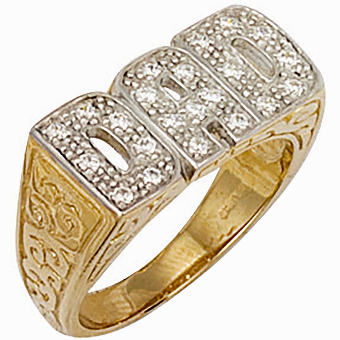 Yellow Gold Cubic Zirconia Patterned Sides Dad Ring