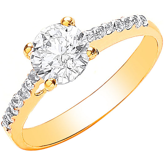 Yellow Gold Ladies Single Stone Cubic Zirconia Shoulder Engraved Heart Ring