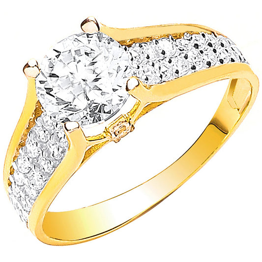 Yellow Gold Ladies Single Stone Two Row Cubic Zirconia Shoulder Ring