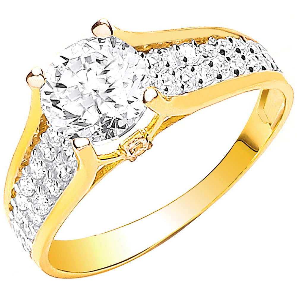 Yellow Gold Ladies Single Stone Two Row Cubic Zirconia Shoulder Ring