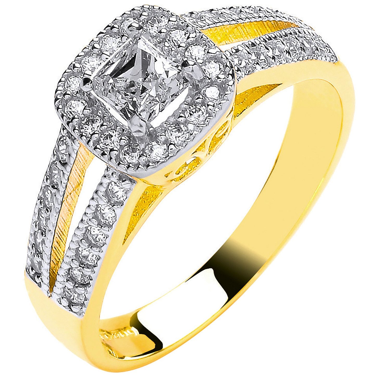 Yellow Gold Ladies Princess Centre Split Shank Cubic Zirconia Ring