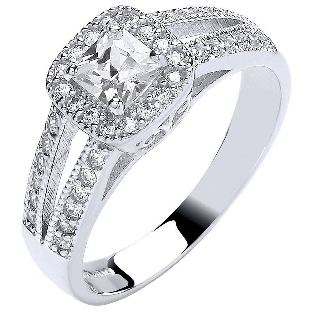 White Gold Ladies Princess Centre Split Shank Cubic Zirconia Ring