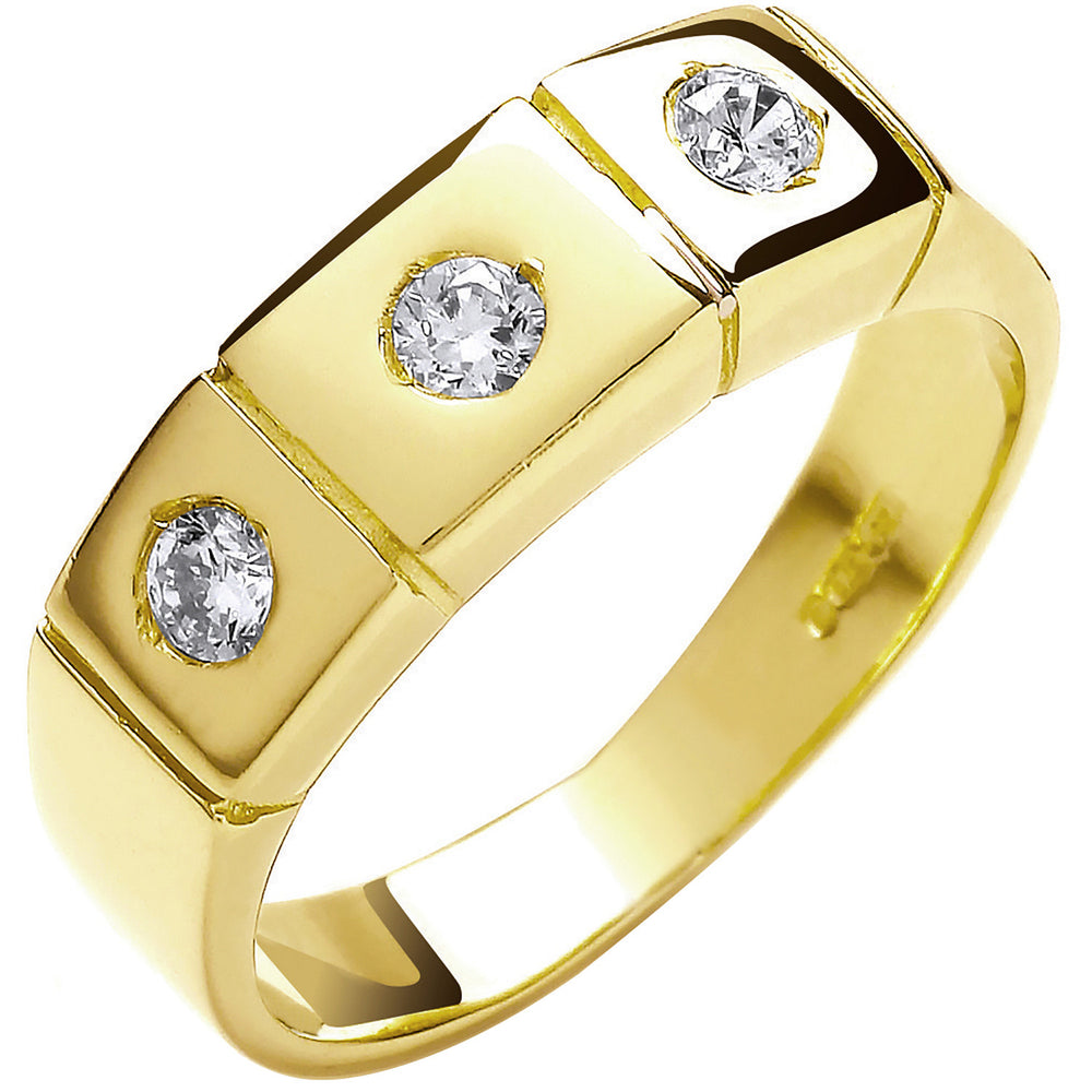 Yellow Gold 3 Stone Rub Over Setting Cubic Zirconia Ring