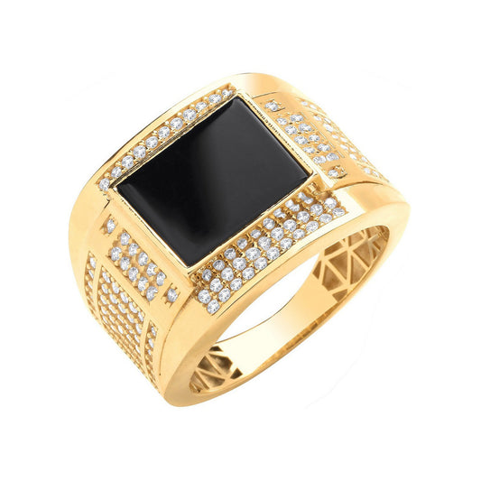 Yellow Gold Cubic Zirconias & Onyx Square Gents Ring