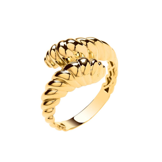 Yellow Gold Cross Over Ribbed Ladies Ring
