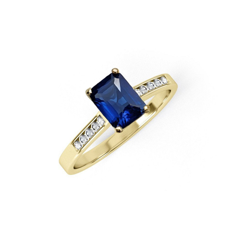 Yellow Gold Emerald Cut Blue Cubic Zirconia Ladies Ring