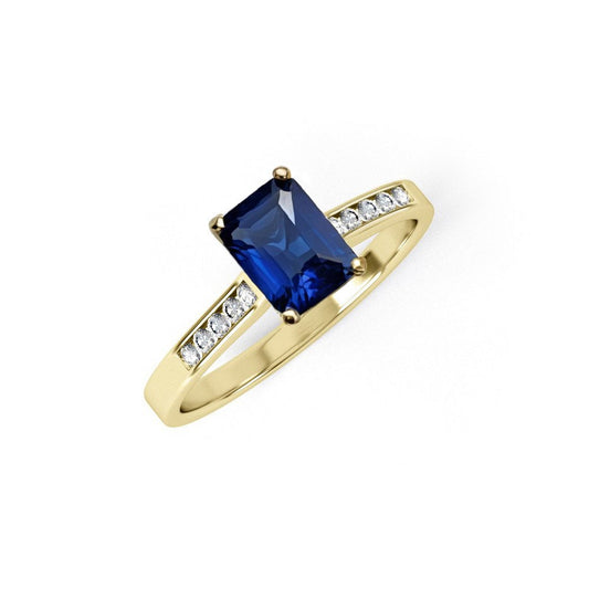 Yellow Gold Emerald Cut Blue Cubic Zirconia Ladies Ring