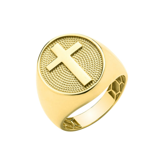 Yellow Gold Oval Signet With Cross Gents  Ring
