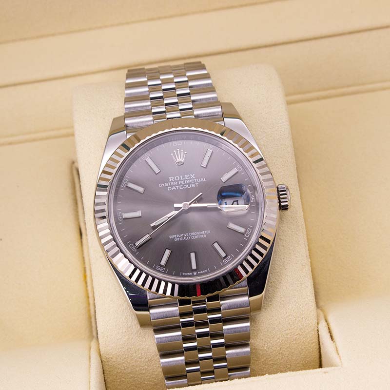 Slate rhodium baton dial on Rolex Datejust 41 reference 126334