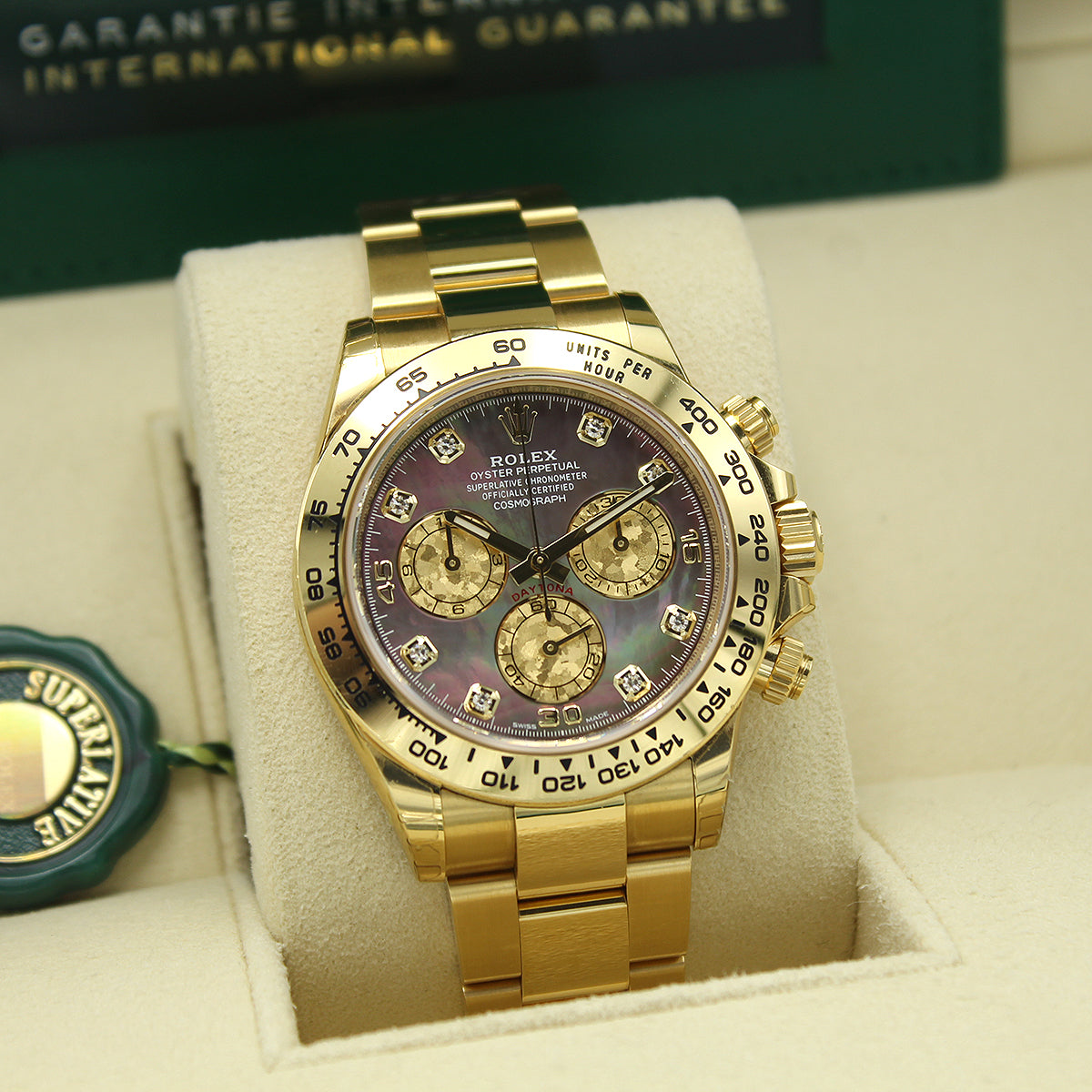 Rolex Cosmograph Daytona 116508 yellow gold Oyster bracelet and Tahitian MOP diamond dial