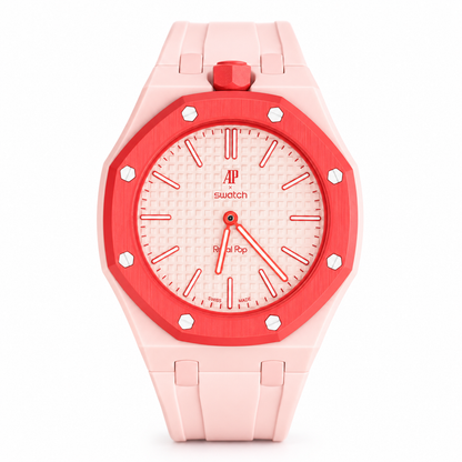 Front view of Swatch x AP Royal Pop Otto Rosso SSX03R100N pink dial watch with red octagonal bezel and pink rubber strap
