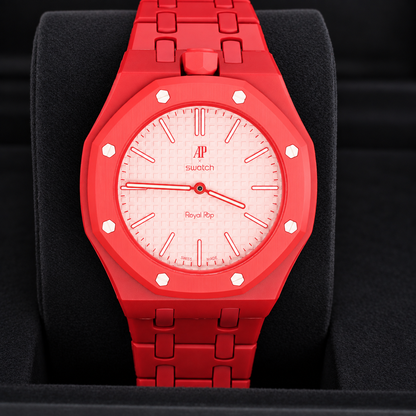 Swatch x Audemars Piguet Royal Pop OTTO ROSSO watch and Bioceramic bracelet, alternate studio image