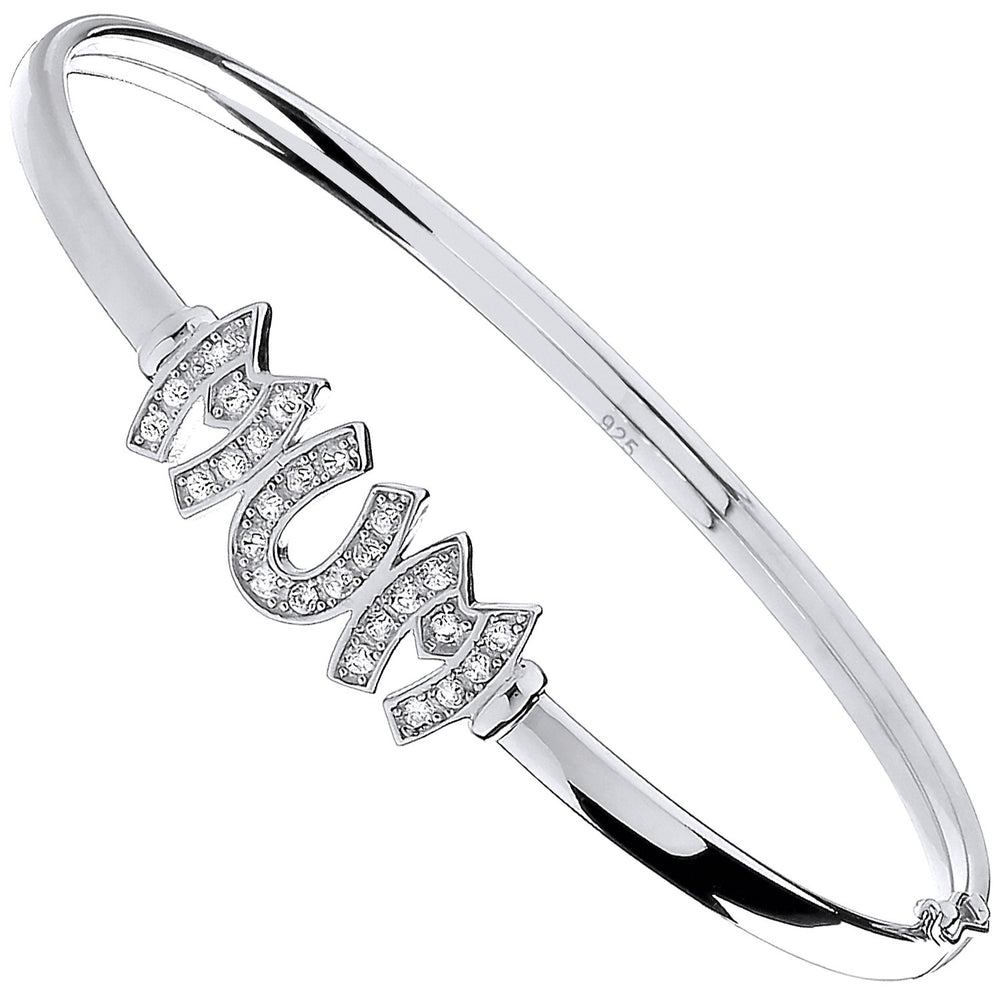 Silver Mum Cubic Zirconia Hinged Bangle