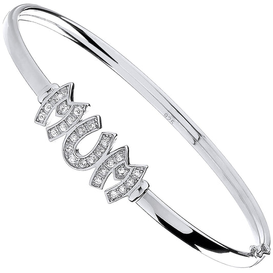 Silver Mum Cubic Zirconia Hinged Bangle