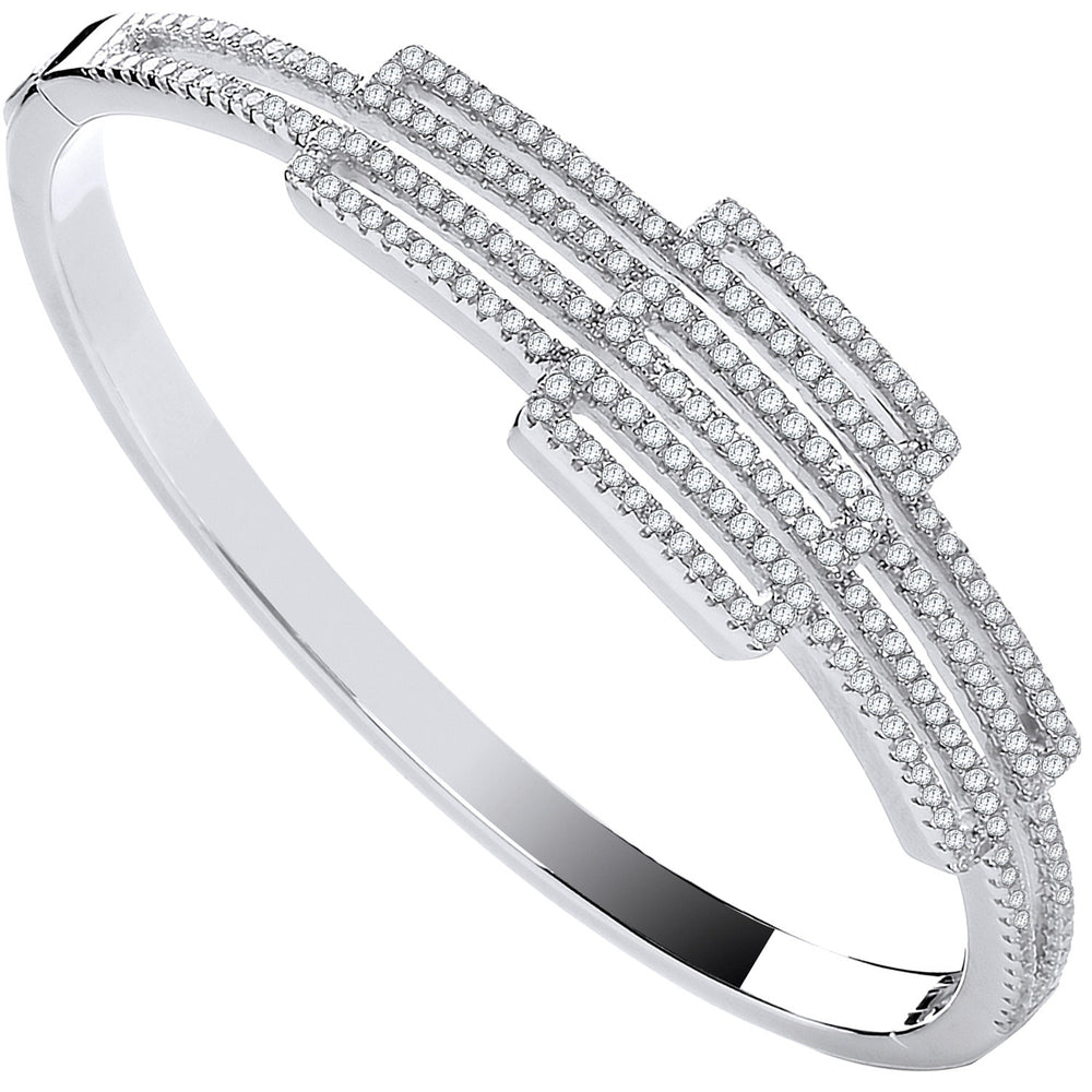 Silver Cubic Zirconia Rectangles Fancy Ladies Hinged Bangle