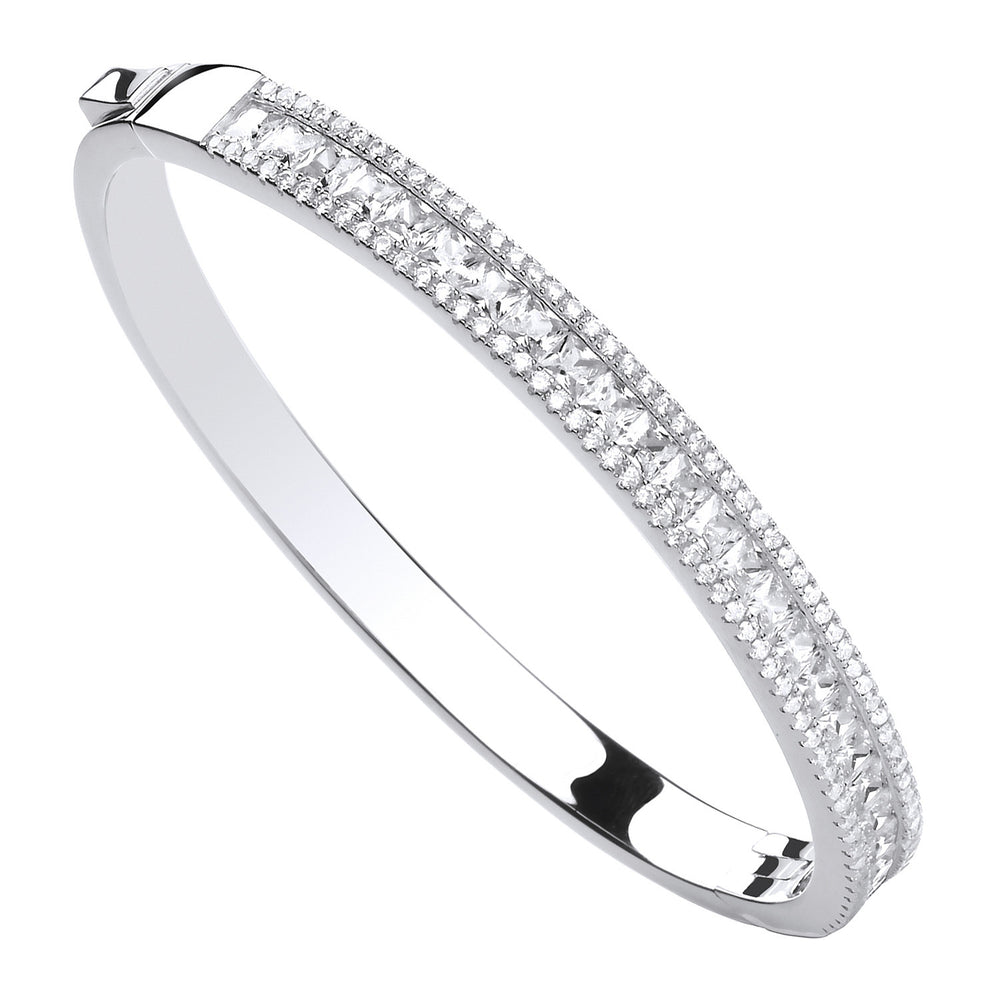 Silver Hinged Princess Cut & Round Cubic Zirconias Bangle