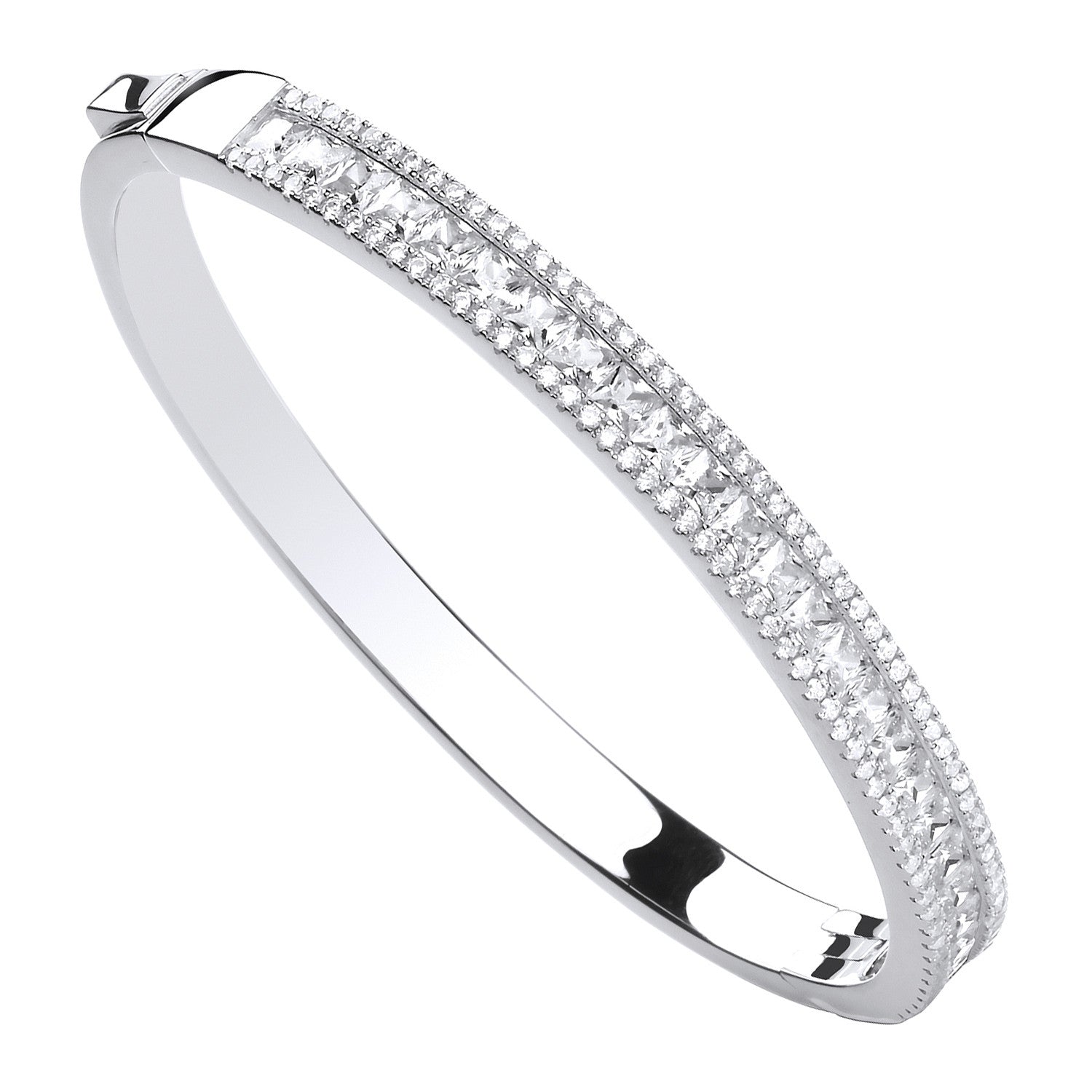 Silver Hinged Princess Cut & Round Cubic Zirconias Bangle