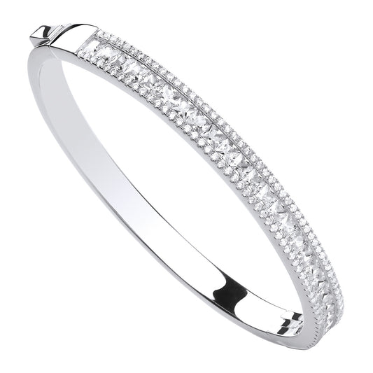 Silver Hinged Princess Cut & Round Cubic Zirconias Bangle