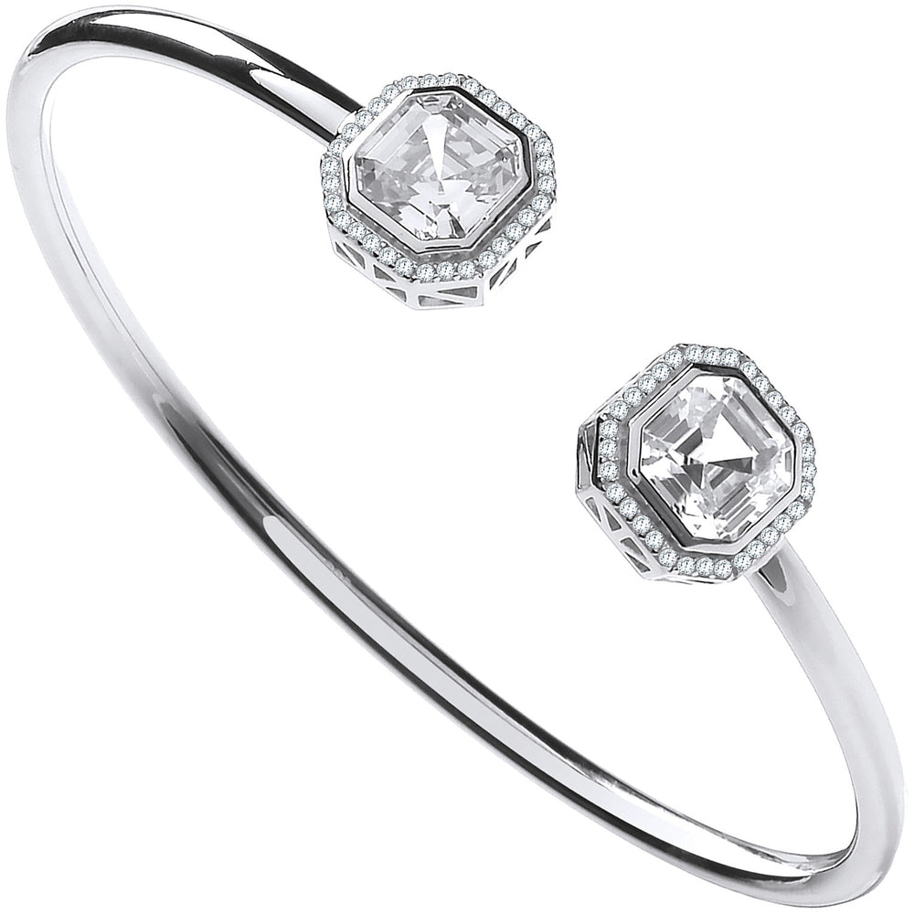 Silver Octagon Cubic Zirconia Torque Hollow Bangle