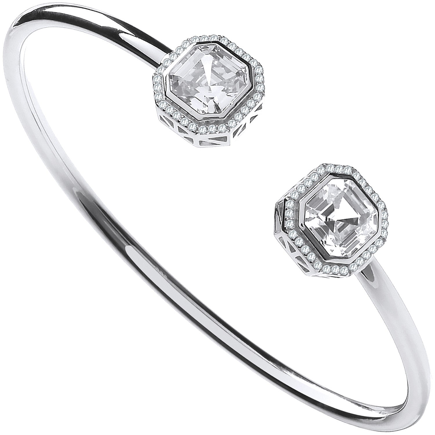 Silver Octagon Cubic Zirconia Torque Hollow Bangle
