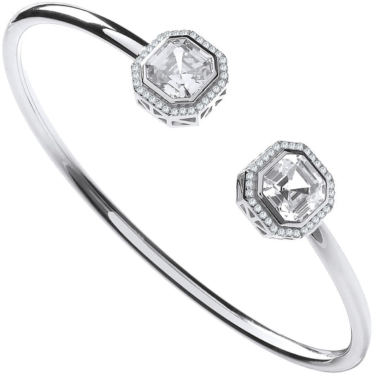 Silver Octagon Cubic Zirconia Torque Hollow Bangle