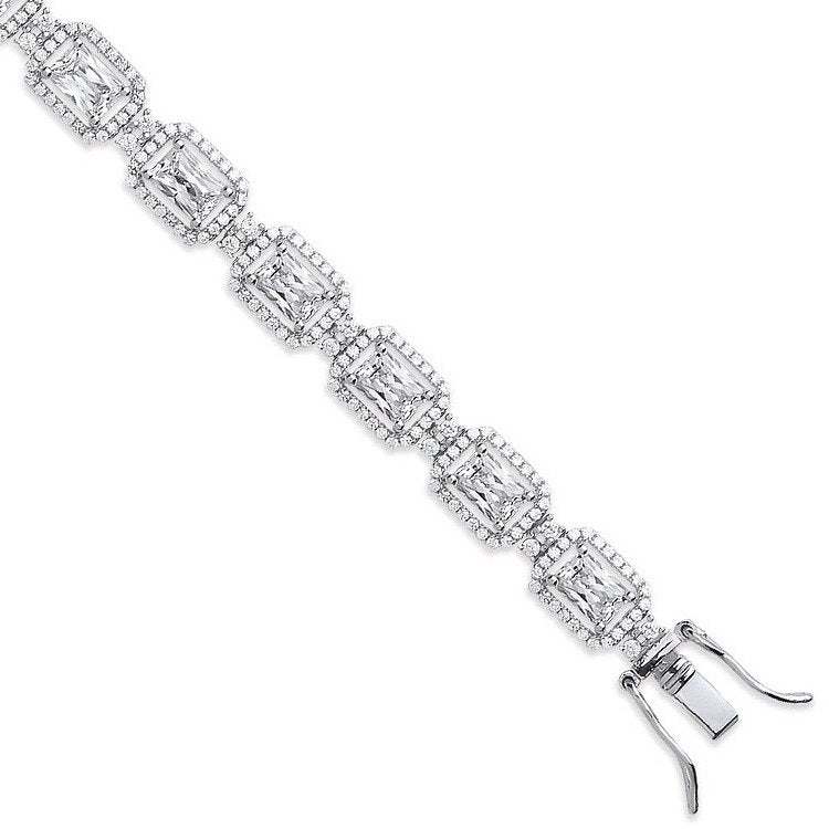 Silver Clear Cubic Zirconia Emerald Cut in a Halo Style Tennis Bracelet - Fine Bracelet – Luxury Jewellery by Imperial