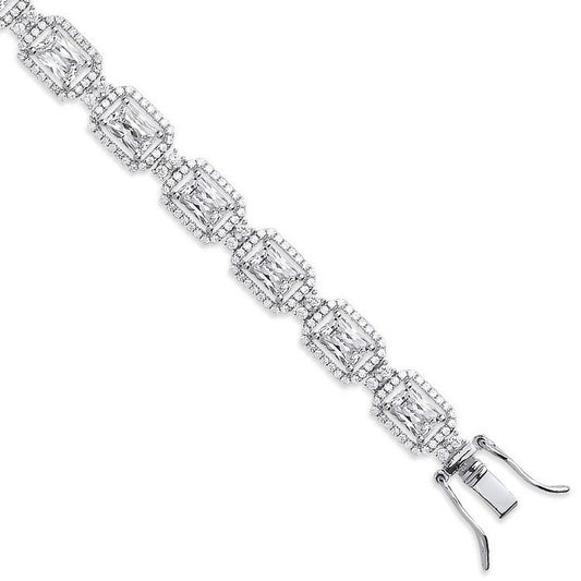 Silver Clear Cubic Zirconia Emerald Cut in a Halo Style Tennis Bracelet - Fine Bracelet – Luxury Jewellery by Imperial