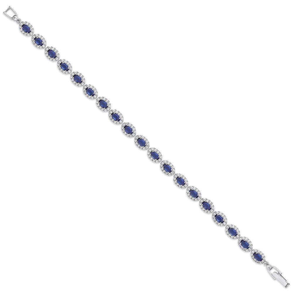 Silver 5.8mm Sapphire Blue Oval Cubic Zirconia Ladies Bracelet