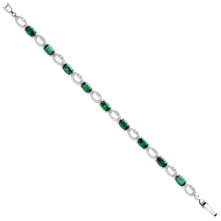 Silver Oval Cut Green & Clear Cubic Zirconias Tennis Bracelet